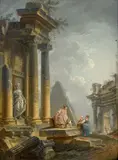 Caprices architecturaux animés de personnages, l'un avec la pyramide de Caius Cestus, l'autre avec la fontaine du jardin du Luxembourg by Pierre-Antoine Demachy, Architectural capricci with figures, one depicting the Pyramid of Caius Cestius, oil on walnut panel, a pair, one signed, sold Nov 2023