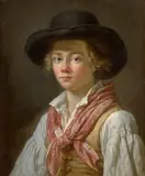 Portrait d'homme au chapeau noir et Portrait de femme au fichu blanc et au ruban rose by Marc-Antoine Bilcocq, Portrait of a man with a black hat and Portrait of a woman with a white headscarf, oil on walnut panel, a pair, by M.-A., sold Nov 2023