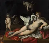 Léda et le cygne by dit l'Orbetto Alessandro Turchi, Huile sur obsidienne, doublée sur ardoise, sold Nov 2023