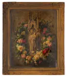 La Vierge à l'Offrande, esquisse dans un cadre en trompe-l'œil by Simon Saint-Jean, Huile sur carton fin, sold Nov 2023