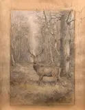 Cerf au passage d'une allée by Xavier de Poret, Crayon noir, sanguine, crayons de couleurs, gommage et touches de pastel, sold Nov 2023