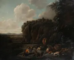 Figures and cattle by hilltop ruins by Johann Christian Vollerdt, oil on canvas, sold Nov 2011