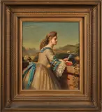 portrait of a woman on a balcony overlooking the Hudson River by Thomas Prichard Rossitor, oil on canvas, sold Oct 2013