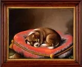 portrait of a dog on a pillow by Susan Waters, pastel, sold Oct 2013