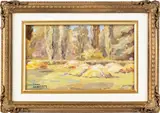 impressionist landscape of haystacks by Dana Bartlett, oil on board, sold Oct 2013