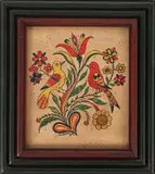 fraktur of two birds on a tulip tree by David Ellinger, watercolor, sold Oct 2013