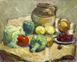 Still Life with Artichoke and Cherries by Albert Bela Bauer, oil on canvas, sold Sep 2024