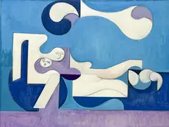 Untitled (Blue, Purple, and White Figures) by Leonard Alberts, oil on canvas, sold Sep 2024