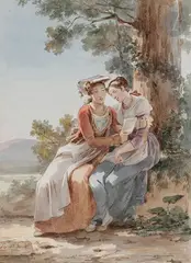 Deux femmes conversant au pied d'un arbre by Hortense Haudebourt-Lescot, Aquarelle sur traits de crayon noir, sold Nov 2021