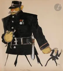 L'Arrestation by Paul Iribe, Encre de Chine, aquarelle et collage sur papier, sold Nov 2021