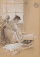 La Biscuiterie bretonne by Antoine Calbet, Fusain, pierre blanche et rehauts de gouache, sold Nov 2021