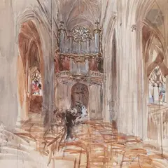 Intérieur d'une cathédrale, personnage devant un orgue by Giovanni Boldini, vers 1899, Aquarelle, sold Nov 2021