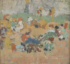 Scène animée by Ivan Puni, Huile sur toile marouflée sur isorel, annotée "Pougny" au crayon au dos, sold Jun 2021
