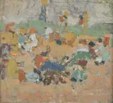 Scène animée by Ivan Puni, Huile sur toile marouflée sur isorel, annotée "Pougny" au crayon au dos, sold Jun 2021