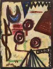 Sans titre by Jean-Michel Atlan, 1954, Huile et pastel sur carton signée et datée en bas à gauche, sold Jun 2021