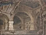 Scène avec un prisonnier à l'intérieur d'un bâtiment by Giacomo Quarenghi, Plume et encre noire et grise, lavis brun et gris, re­hauts d'aquarelle, sold Mar 2016