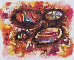 Composition by Ahmed Cherkaoui, Technique mixte (aquarelle, encre et poils) sur papier, sold May 2016