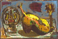 Ohne Titel by Markus Lüpertz, 1980, Farbholzschnitt, Aquarell und Farbkreide auf Papier, sold Jan 2026
