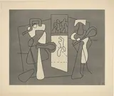 Tennisspieler mit Zuschauern by Willi Baumeister, 1936, Offsetlithografie in zwei Farben auf Papier, sold Feb 2024