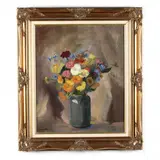 Still Life with Zinnias by Della Shull, Oil on canvas, sold Nov 2020