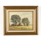 Landscape with Haystacks by Jonas Lindkvist, Oil on panel, sold Oct 2020