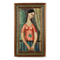 Painting of a Woman with Pinwheel by Jose Vidal Gumbau, Oil on canvas, sold Oct 2020
