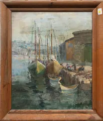 Fishing Dock Scene by Sarah Albertson Woolley, oil on canvas, sold Jun 2026