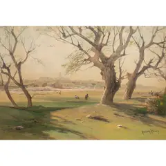 Untitled (Spring Landscape with Figures) by Harvey O. Young, watercolor and gouache, sold Jul 2026