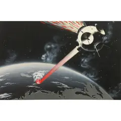 Untitled (Satellite Firing at Earth) by Edward Vebell, 1957, oil on board, sold Jul 2026