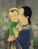 Mère et enfant, fond fleurs by Le Pho, Gouache et encre sur soie, sold Jun 2023
