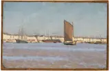 Port, navires et immeubles - mars 1893 by Charles Lacoste, Huile sur carton, sold Jun 2023