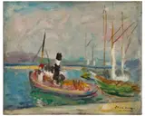 Bateaux ou Remorqueur et voilier dans le port de Saint-Tropez by Charles Camoin, circa 1928, Huile sur carton toilé, sold Jun 2023