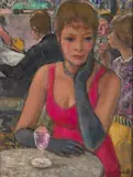 Avant le théâtre Montparnasse, robe rouge, gants noirs au Café by François Gall, Huile sur toile, sold Jun 2023