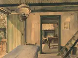 Chez le sculpteur Georges Grard by Paul Delvaux, 1945, Aquarelle et encre sur papier, sold Jun 2023
