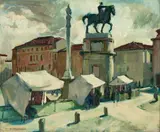 Statue équestre de Gattamelata de Donatello à Padoue, Piazza del santo by Lucien Fontanarosa, 1939, Huile sur toile, sold Jun 2023