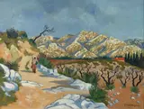 Vue sur les Alpilles au pied du rocher des Baux by Yves Brayer, 1961, Huile sur toile, sold Jun 2023
