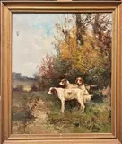 Les chiens de chasse by Charles-André Reyne, Huile sur toile, signée en bas à droite, sold Sep 2023