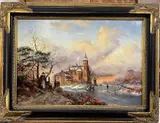 Paysage au château hivernal by Daniel Szeberenyi, Huile sur carton, sold Sep 2023