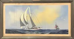 Les voiliers by Léon Haffner, Gouache sur papier signée en bas à gauche "L. Haffner" à l'ancre de marine (peintre officiel de la Marine), sold Sep 2023