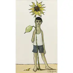 Young Man with Sunflower by Keith Ingermann, 1961, oil on board, sold Jul 2026
