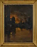 nighttime cityscape by Bela deTirefort, oil on canvas, sold Jun 2013