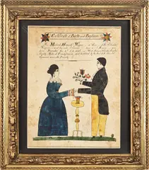 Certificate of Birth and Baptism by Henry Young, 1856, watercolor and ink on paper, sold Apr 2013