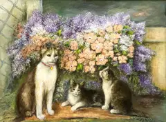 Kittens Under the Dogwood by Peggy Dodds, oil on canvas, sold Sep 2024