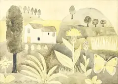 Landschaft mit Haus und Schmetterling by Willi Hartung, 1953, watercolor on paper, sold Sep 2024