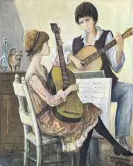 Untitled Painting (Musicians and Cat) by Jacques Lalande, 1981, oil on canvas (unstretched), sold Sep 2024