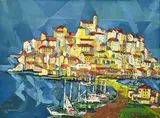 Untitled (Seaside City Harbor) by Albert Bela Bauer, oil on canvas board, sold Oct 2024