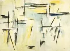 Untitled (Black, Blue, and Yellow Composition) by Michael Loew, 1960, watercolor on paper, sold Oct 2024