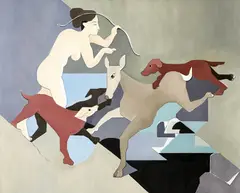 Diana with Bow, Actaeon, and 2 Dogs by Leonard Alberts, c. 1992, oil on canvas, sold Oct 2024