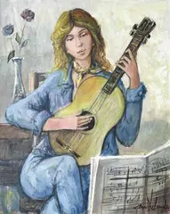 Untitled (Woman with Guitar) by Jacques Lalande, oil on canvas (unstretched), sold Oct 2024
