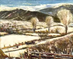 Winter in Talpa by Joseph Fleck, oil on canvas board, sold Nov 2024